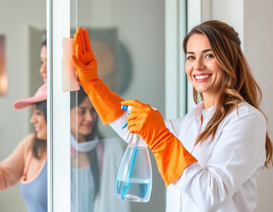 Cleaning professional wiping a window with a spray bottle